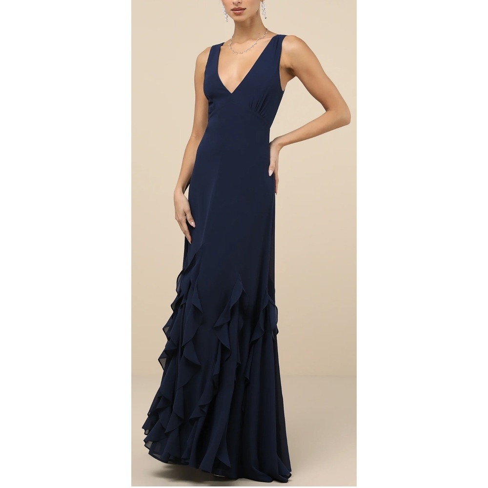 NWT Lulus Alorna Maxi Dress Women's L Navy Chiffon Ruffled‎ Sleeveless Gown Prom